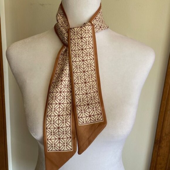 DOMAT LIFE Twilly Skinny Silky Khaki Tan Geo Print Scarf - Picture 4 of 9